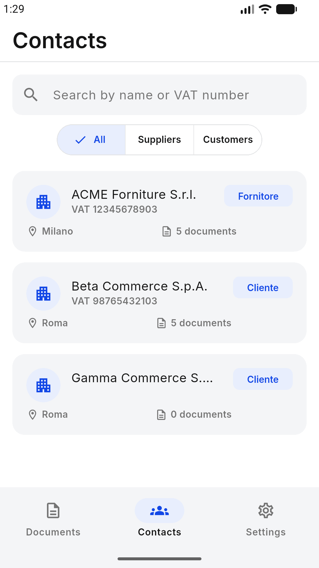Rubrica clienti e fornitori nell'app LOCRAI