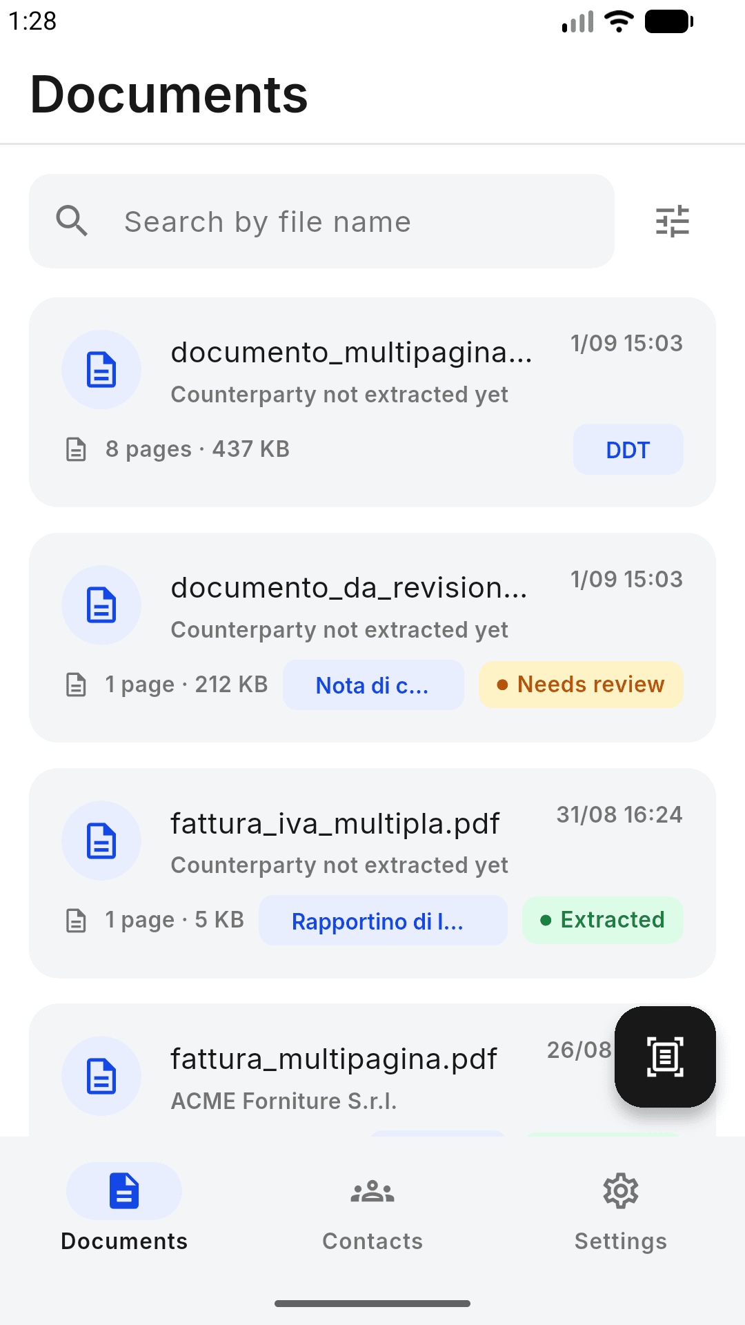 Elenco documenti nell'app LOCRAI